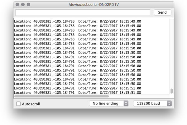 You should see GPS serial data streaming by
